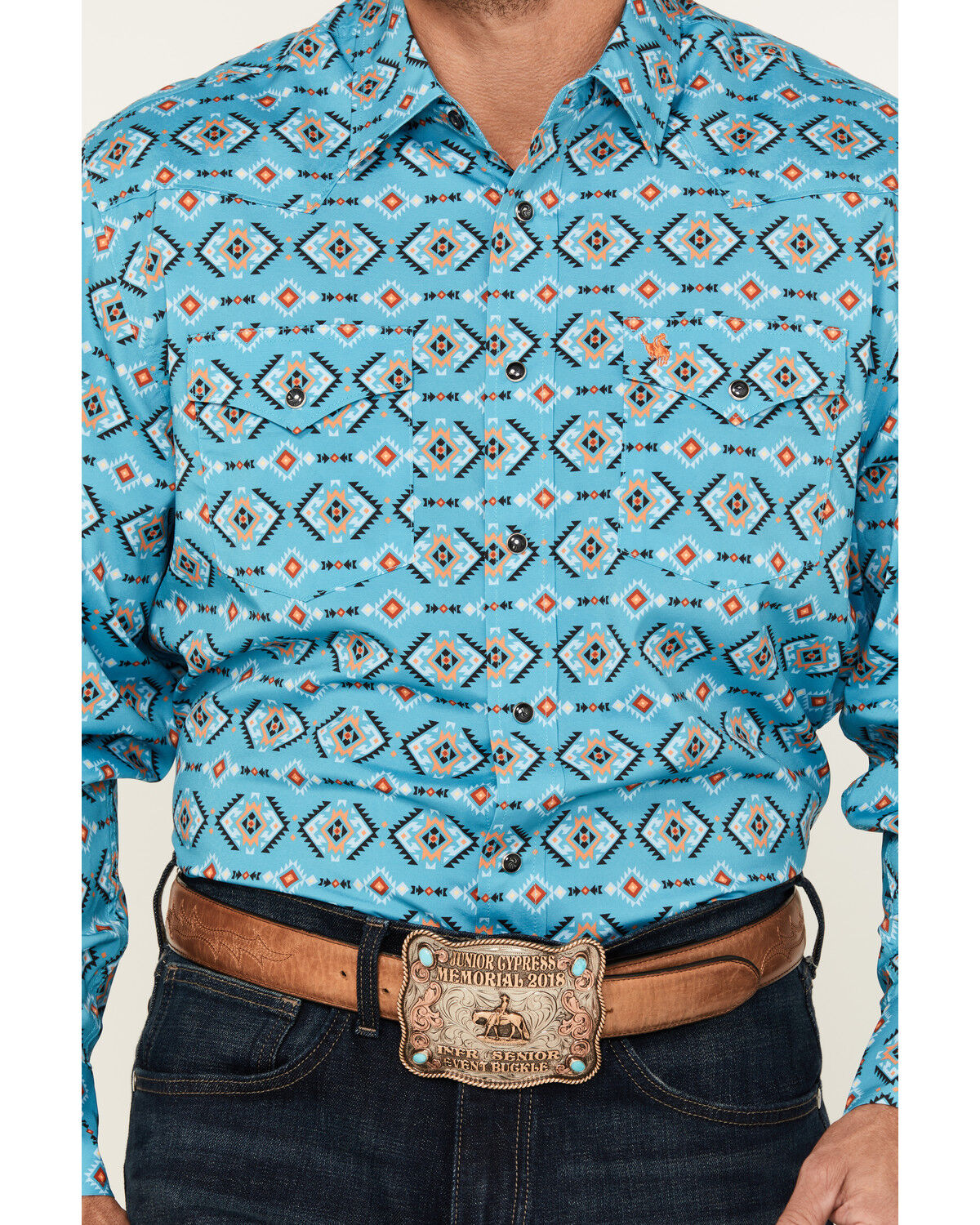 Image #3 - Rodeo Clothing Men's Boot Barn Exclusive Southwestern Print Long Sleeve Snap Western Shirt, Turquoise, hi-res