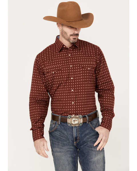Roper Men's Geo Long Sleeve Western Snap Shirt, Red, hi-res