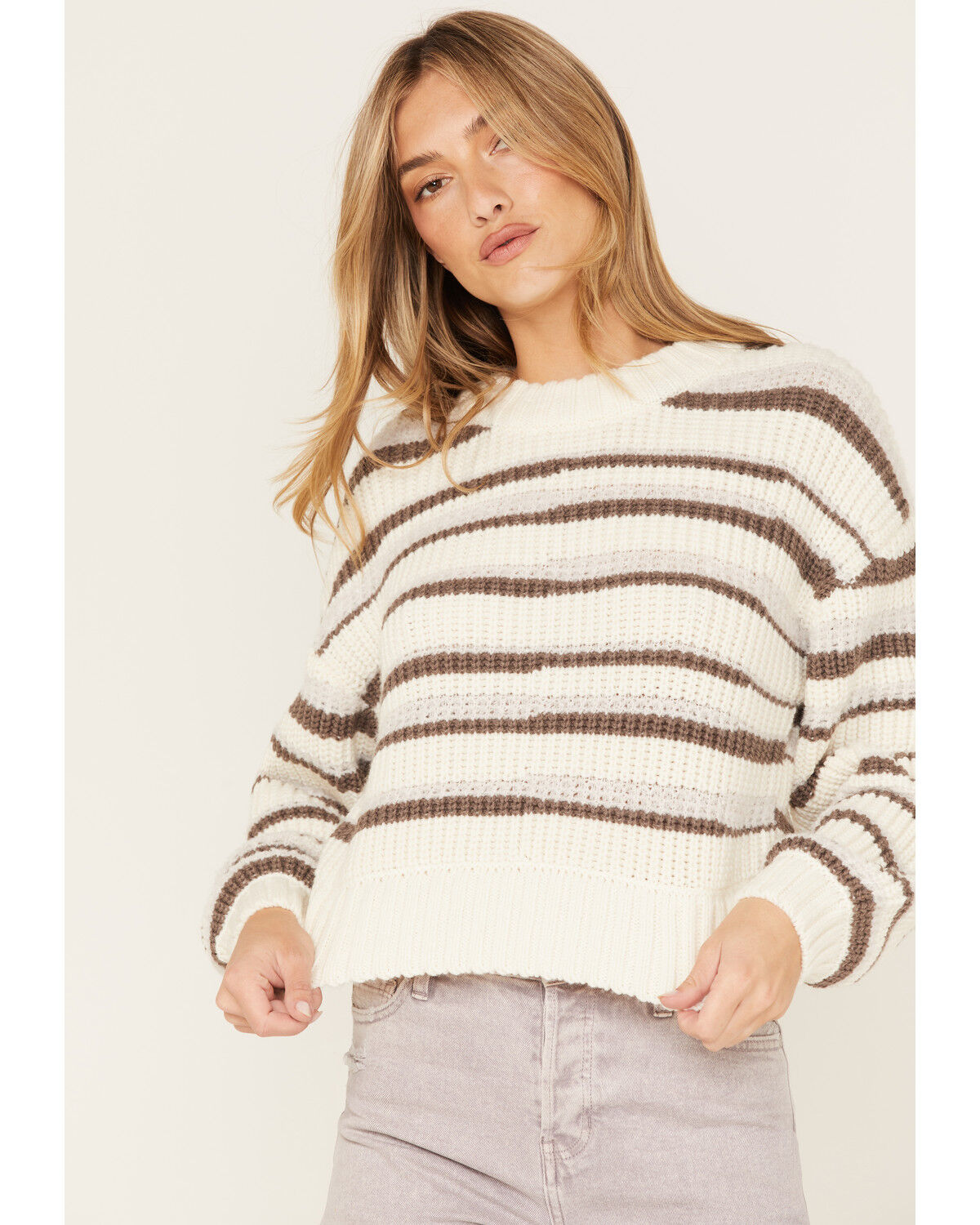 Image #1 - Cleo + Wolf Women's Abstract Stripe Cropped Knit Sweater, Ivory, hi-res