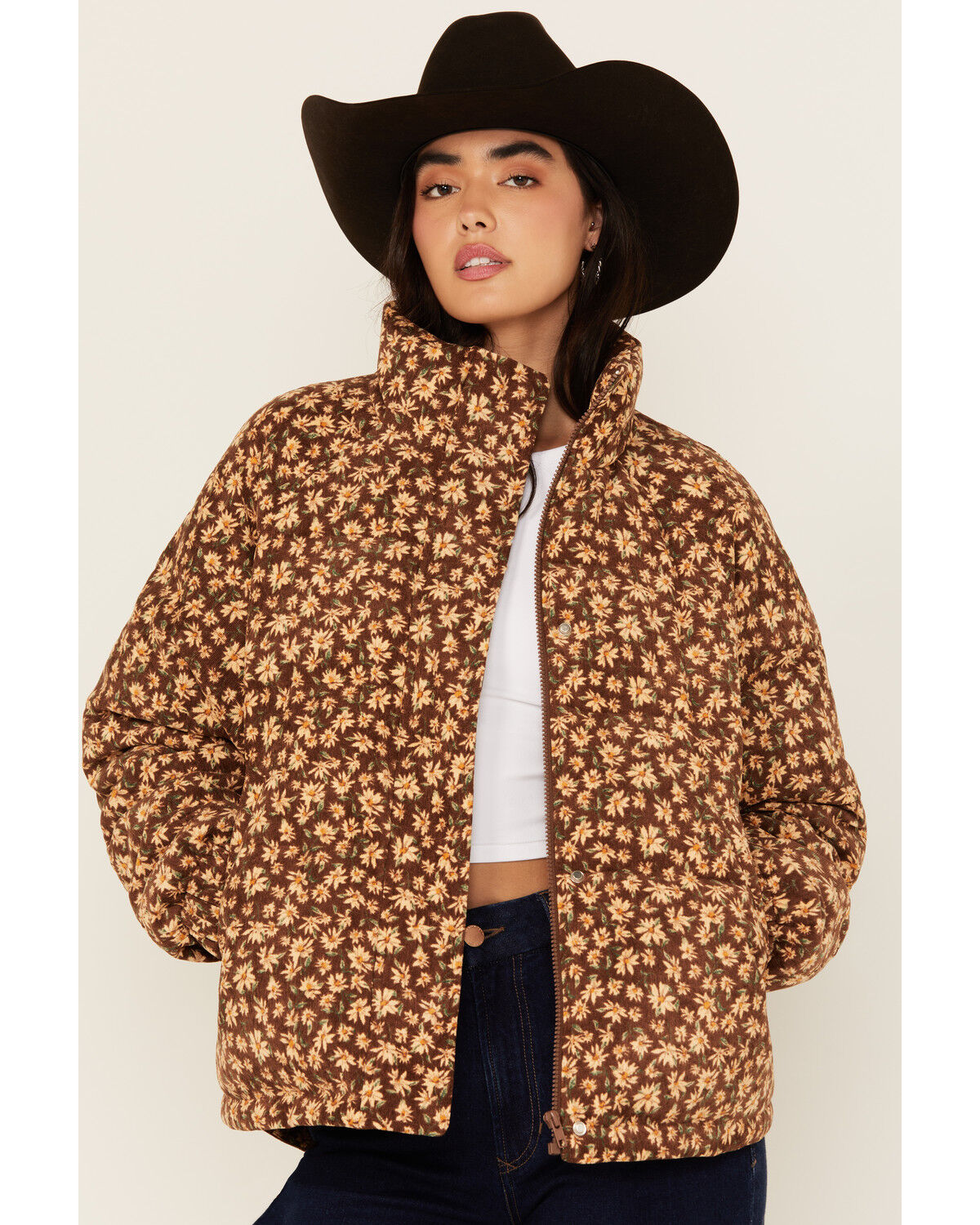 Image #1 - Sadie & Sage Women's Floral Puffer Jacket, Brown, hi-res