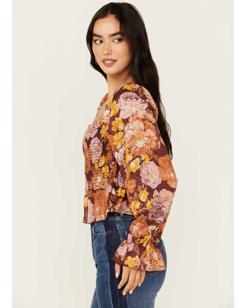 Image #2 - En Creme Women's Floral Print Shirred Long Sleeve Top, Multi, hi-res