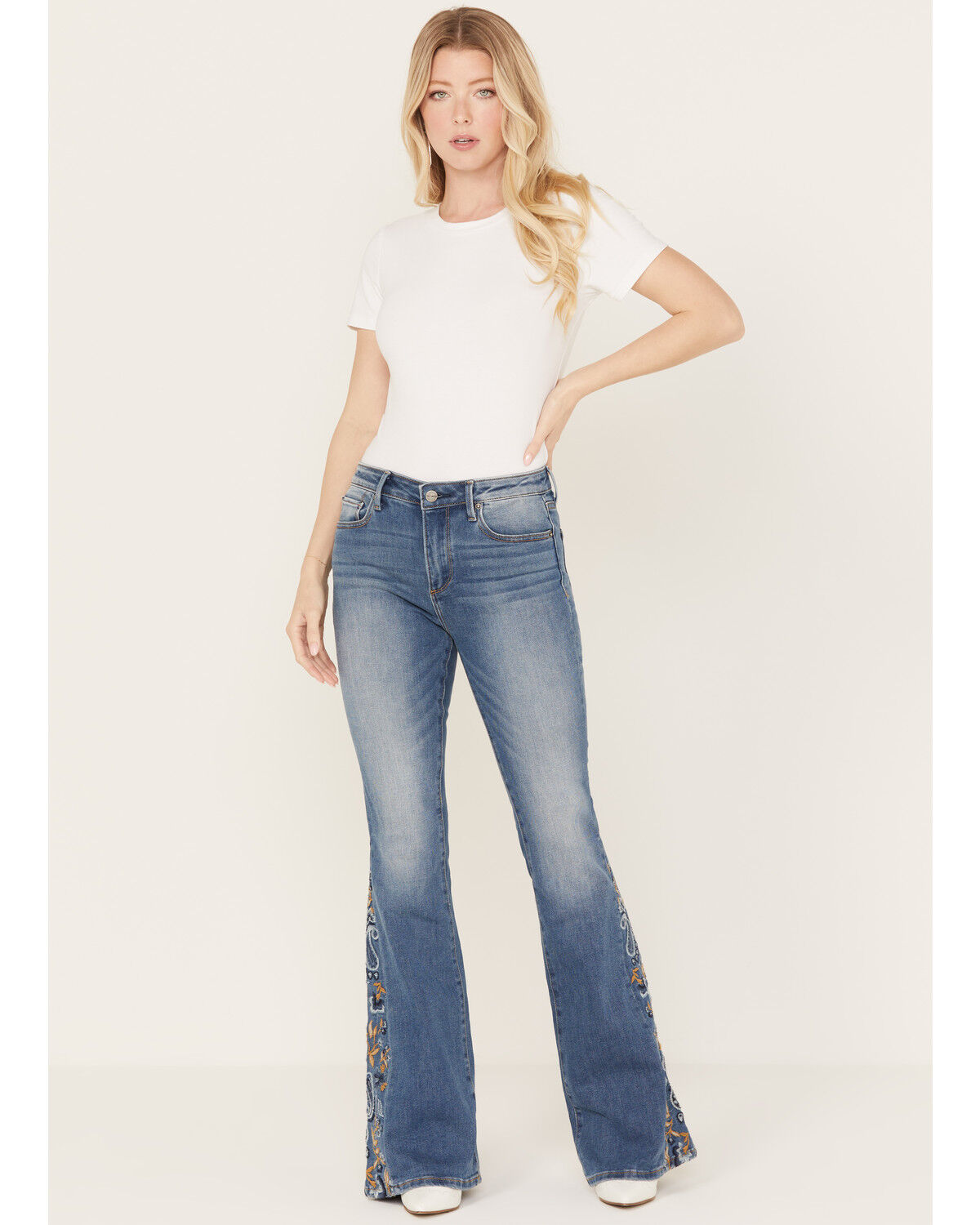 Image #1 - Driftwood Women's Medium Wash High Rise Flare Paisley Hem Jeans, Medium Wash, hi-res