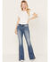 Image #1 - Driftwood Women's Medium Wash High Rise Flare Paisley Hem Jeans, Medium Wash, hi-res