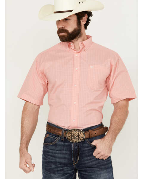 Ariat Men's Jonah Windowpane Plaid Print Short Sleeve Button-Down Western Shirt - Tall, Coral, hi-res