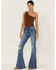 Image #1 - Shyanne Women's Mid Release Hem Side Slit Flare Jeans, Dark Medium Wash, hi-res