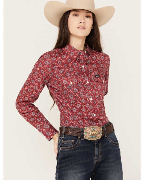 Wrangler Women's Floral Long Sleeve Snap Western Shirt, Burgundy, hi-res