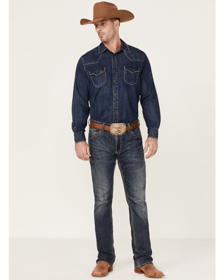 RRR Distinctly American Men's Medium Wash Denim Long Sleeve Snap Western Shirt , Indigo, hi-res