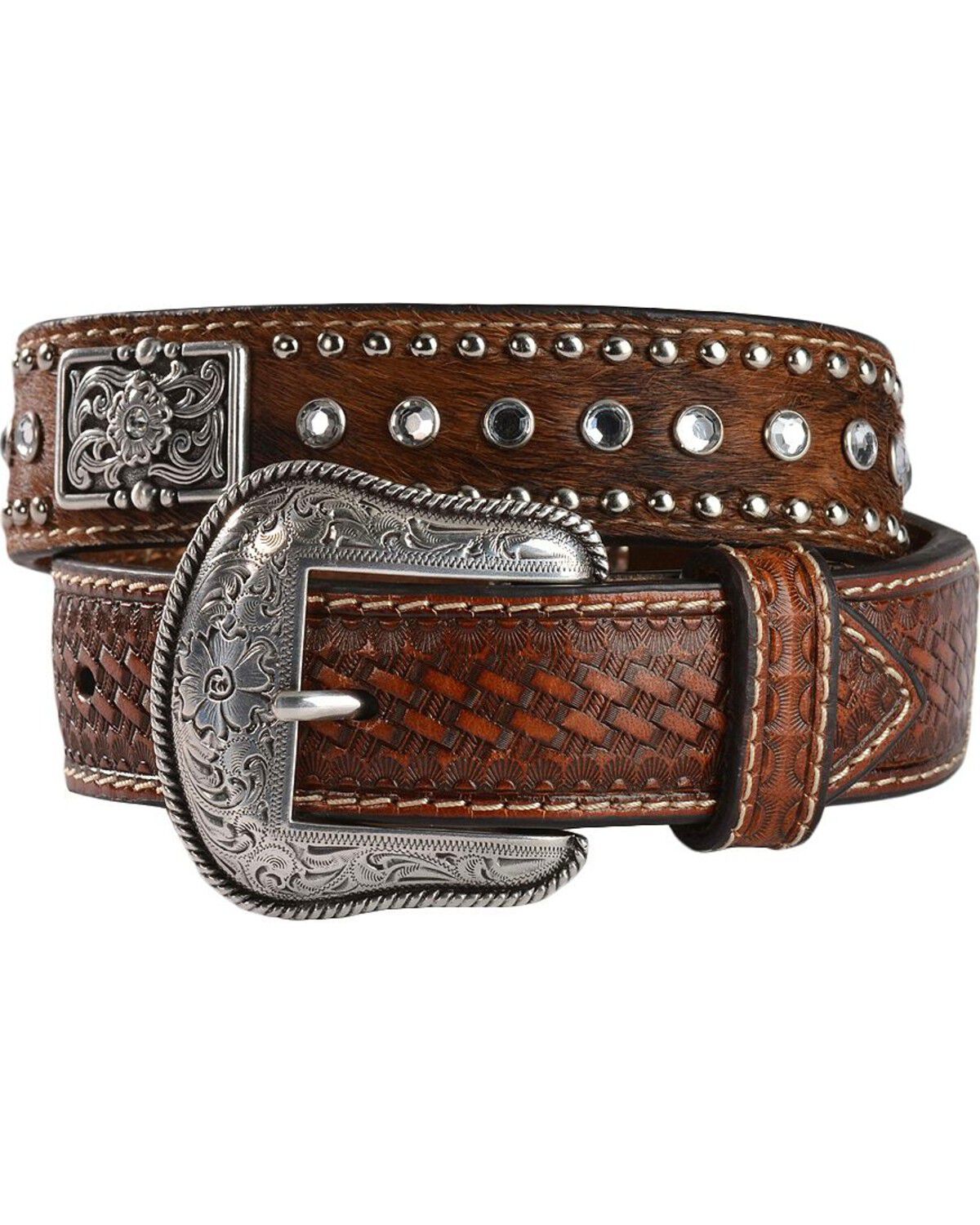 Image #1 - Nocona Belt Co. Girls' Rhinestone Hair-On-Hide Leather Belt, Brown, hi-res