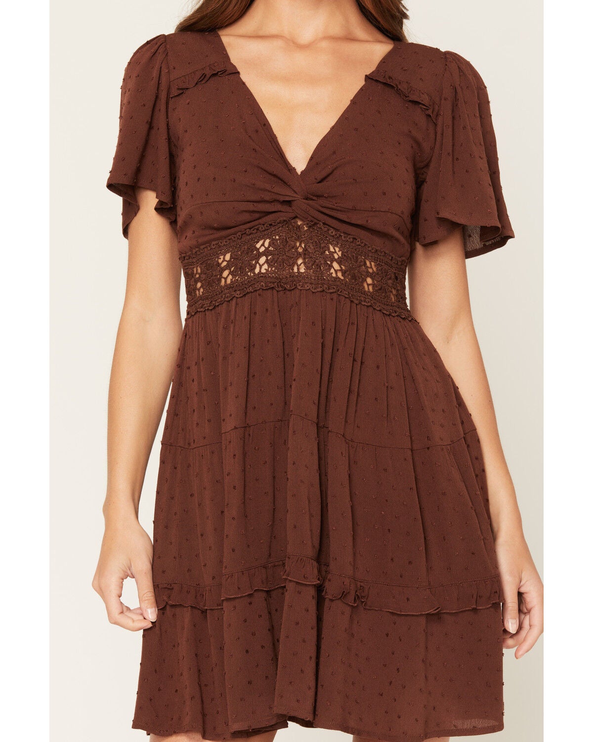 Image #3 - Wild Moss Women's Crochet Inset Mini Dress, Brown, hi-res