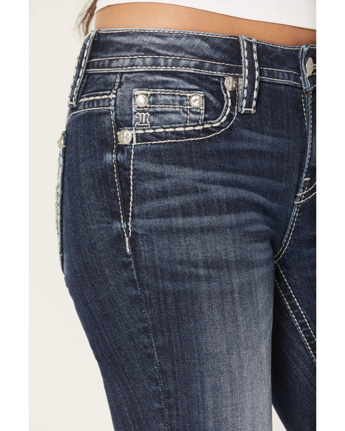 Image #4 - Miss Me Women's Dark Wash Mid Rise Faux Flap Pocket Bootcut Stretch Denim Jeans, Dark Wash, hi-res