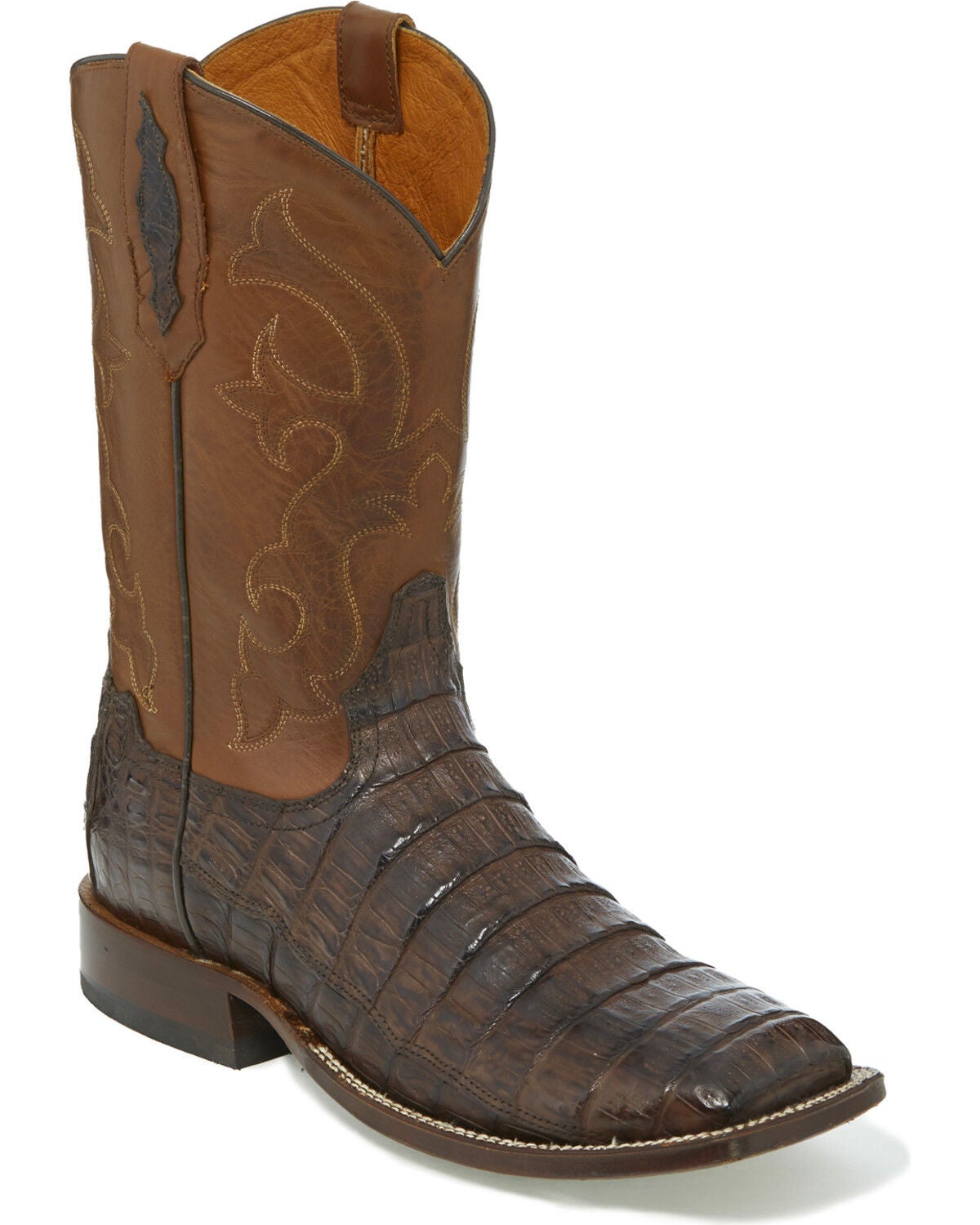 Tony Lama Men's Burnished Caiman Belly Western Boots - Broad Square Toe, Dark Brown, hi-res