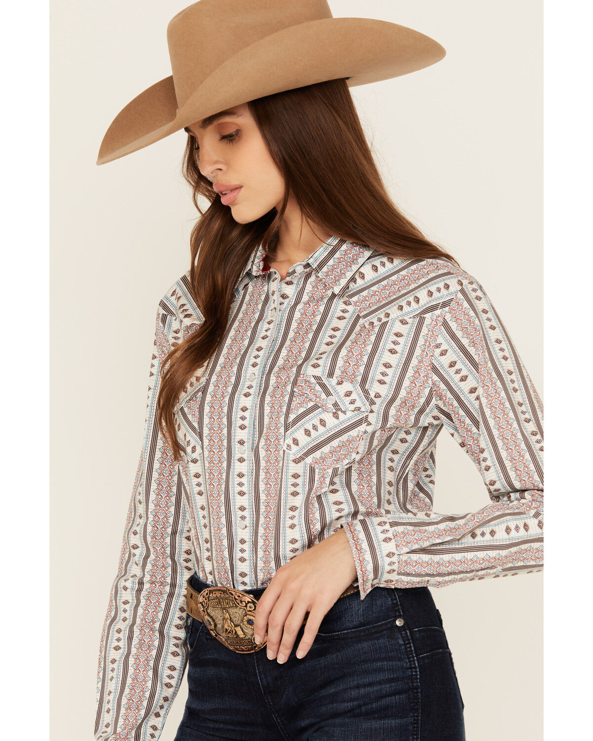 Image #2 - Rough Stock by Panhandle Women's Southwestern Striped Long Sleeve Pearl Snap Stretch Western Shirt, Multi, hi-res