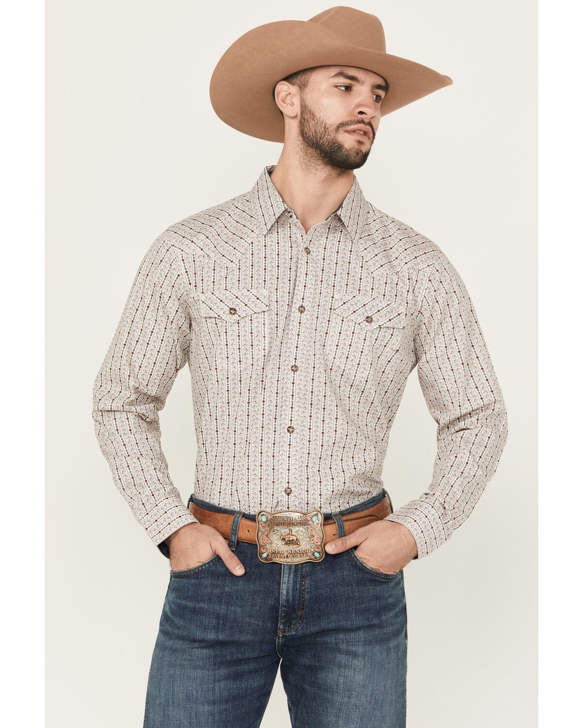 Moonshine Spirit&reg; Men's Trench Town Striped Long Sleeve Snap Western Shirt, Purple, hi-res