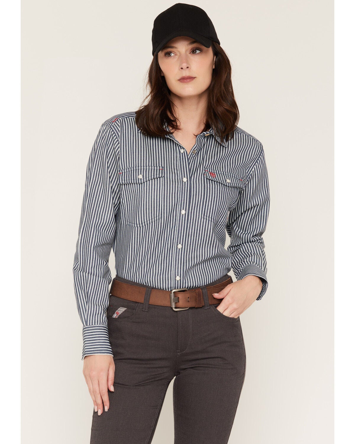 Ariat Women's FR Ruth Striped Long Sleeve Snap Work Shirt, Blue/white, hi-res
