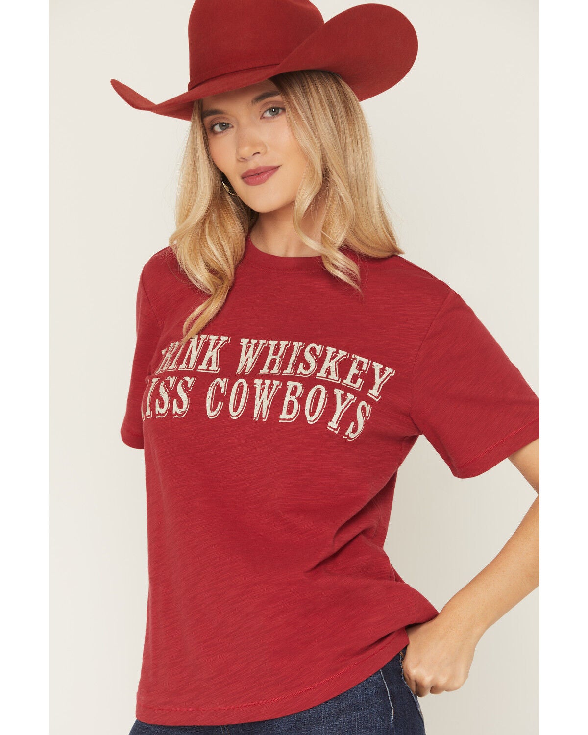 Image #2 - Shyanne Women's Drink Whiskey Kiss Cowboys Short Sleeve Graphic Tee, Burgundy, hi-res