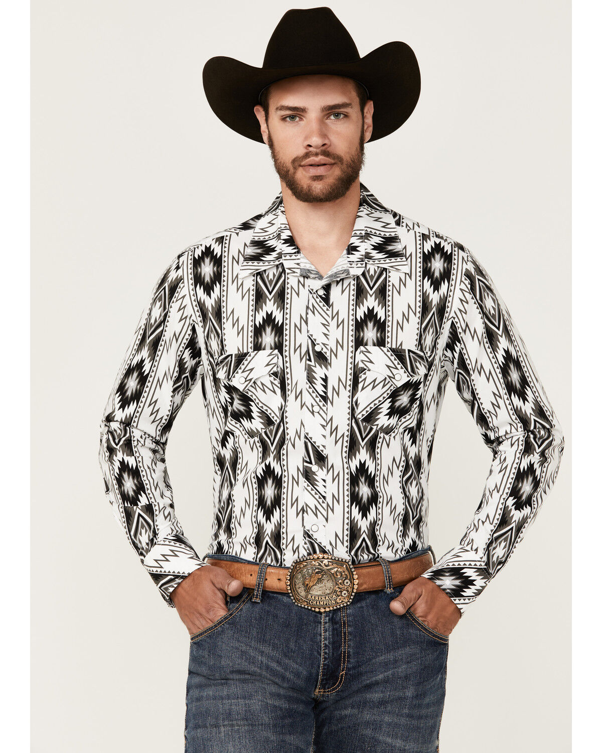 Image #1 - Rock & Roll Denim Men's Southwestern Print Long Sleeve Snap Stretch Western Shirt, White, hi-res