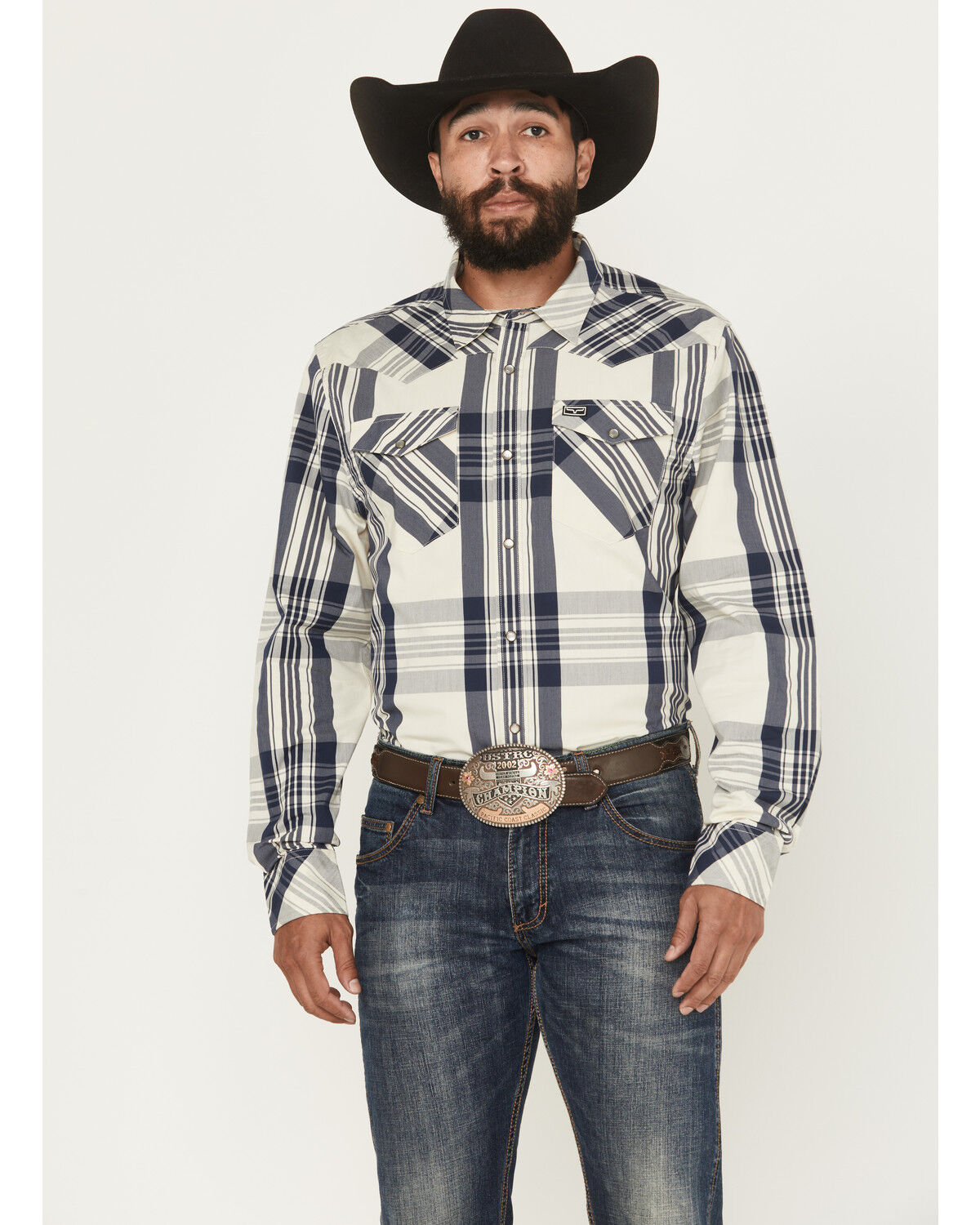 Image #1 - Kimes Ranch Men's Double R Plaid Print Long Sleeve Snap Western Shirt, Navy, hi-res