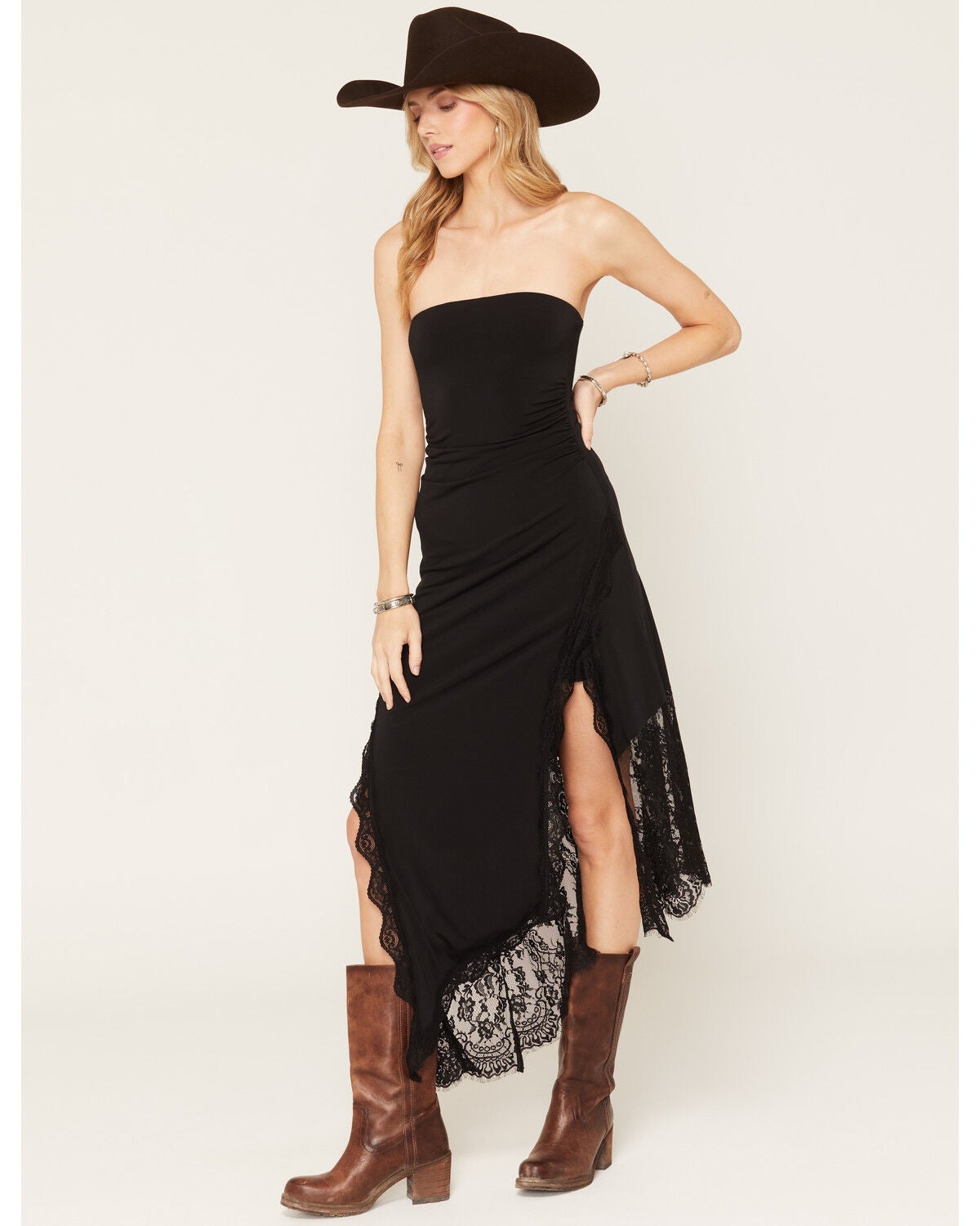 Cleo + Wolf Women's Asymmetrical Double Slit Lace Tube Midi Dress, Black, hi-res