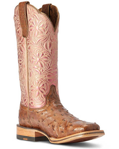 Ariat Women's Donatella Exotic Ostrich Western Boots - Broad Square Toe , Brown, hi-res