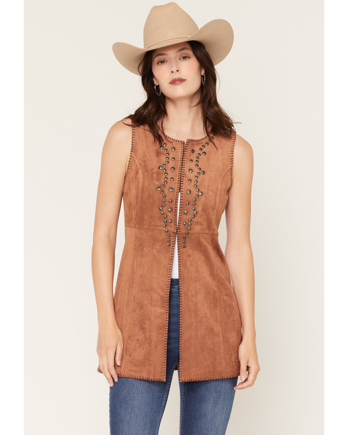 Shyanne Women's Hollis Faux Suede Concho Studded Vest, Bark, hi-res