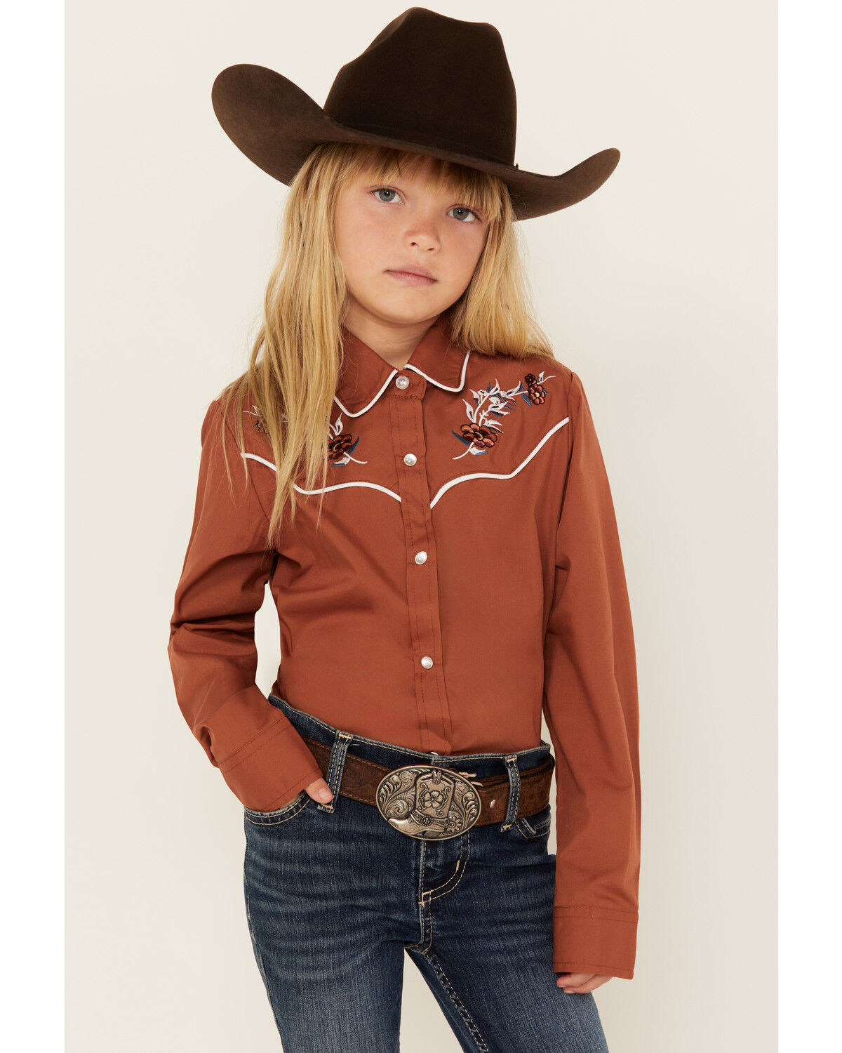 Image #1 - Ely Walker Girls' Floral Embroidered Long Sleeve Pearl Snap Western Shirt, Rust Copper, hi-res