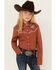 Image #1 - Ely Walker Girls' Floral Embroidered Long Sleeve Pearl Snap Western Shirt, Rust Copper, hi-res