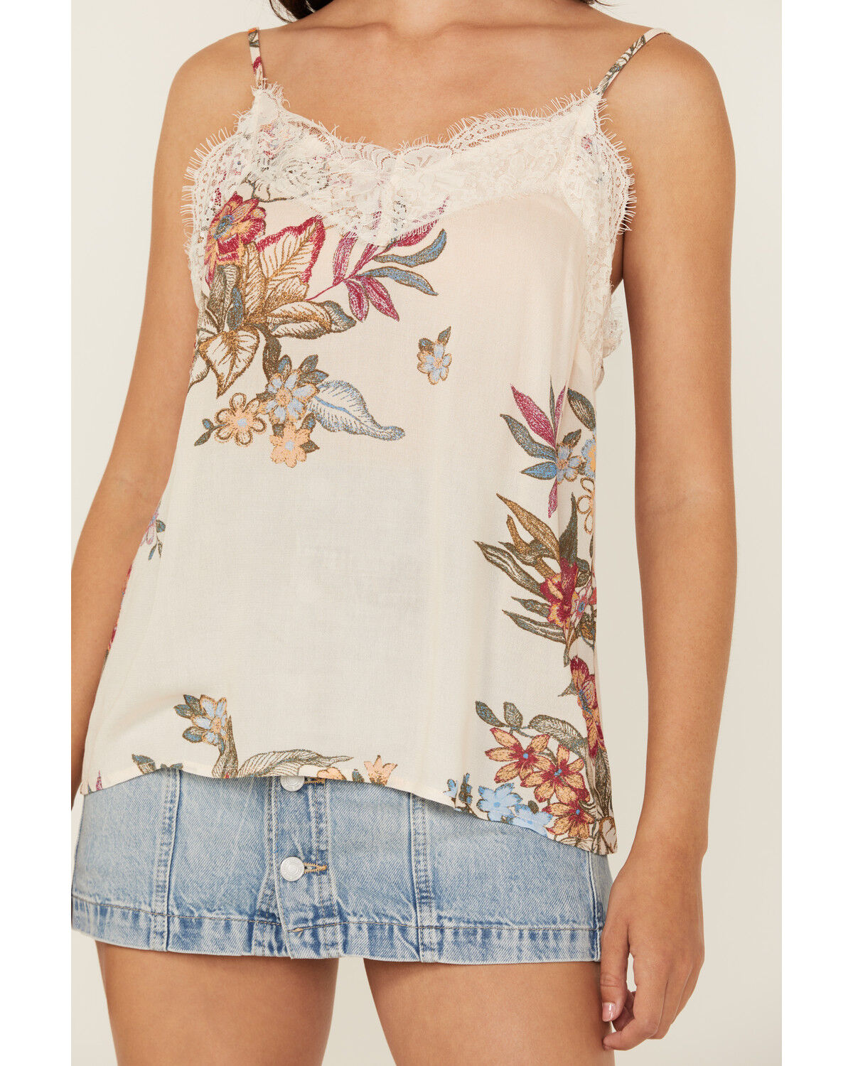 Image #3 - Wild Moss Women's Floral Print Lace Trim Cami Tank Top, Cream, hi-res