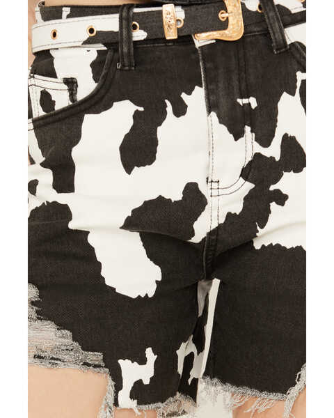 Image #2 - Blue B Women's High Rise Cow Print Belted Shorts , Black, hi-res
