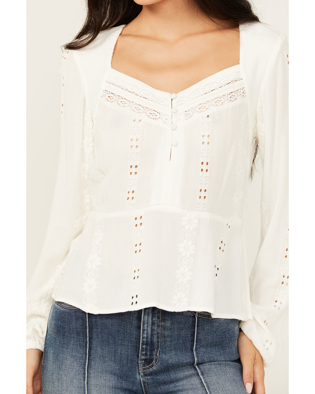 Image #3 - Idyllwind Women's Teel Eyelet Keyhole Blouse, Ivory, hi-res