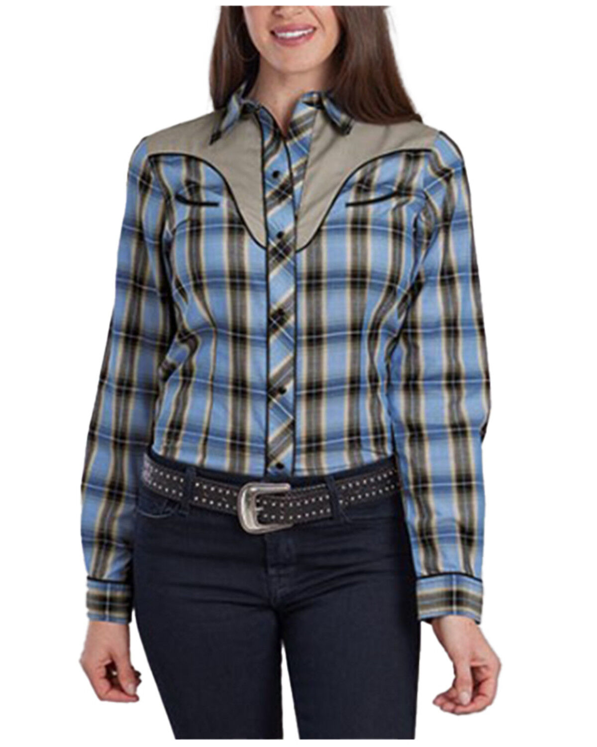 Image #1 - Roper Women's Plaid Print Embroidered Long Sleeve Snap Stretch Western Shirt, Blue, hi-res