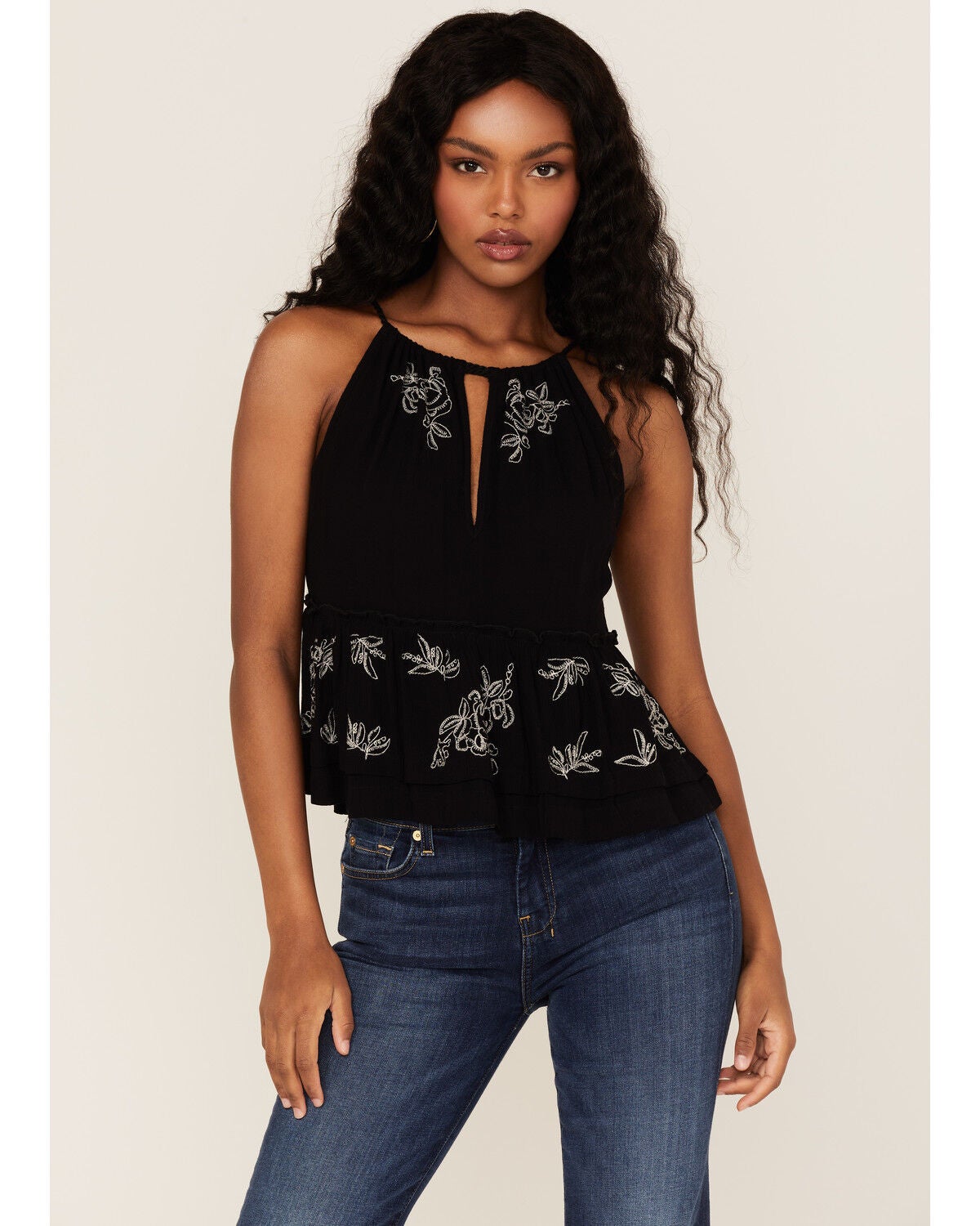 Image #1 - Shyanne Women's Embroidered Floral Keyhole Tank Top, Black, hi-res