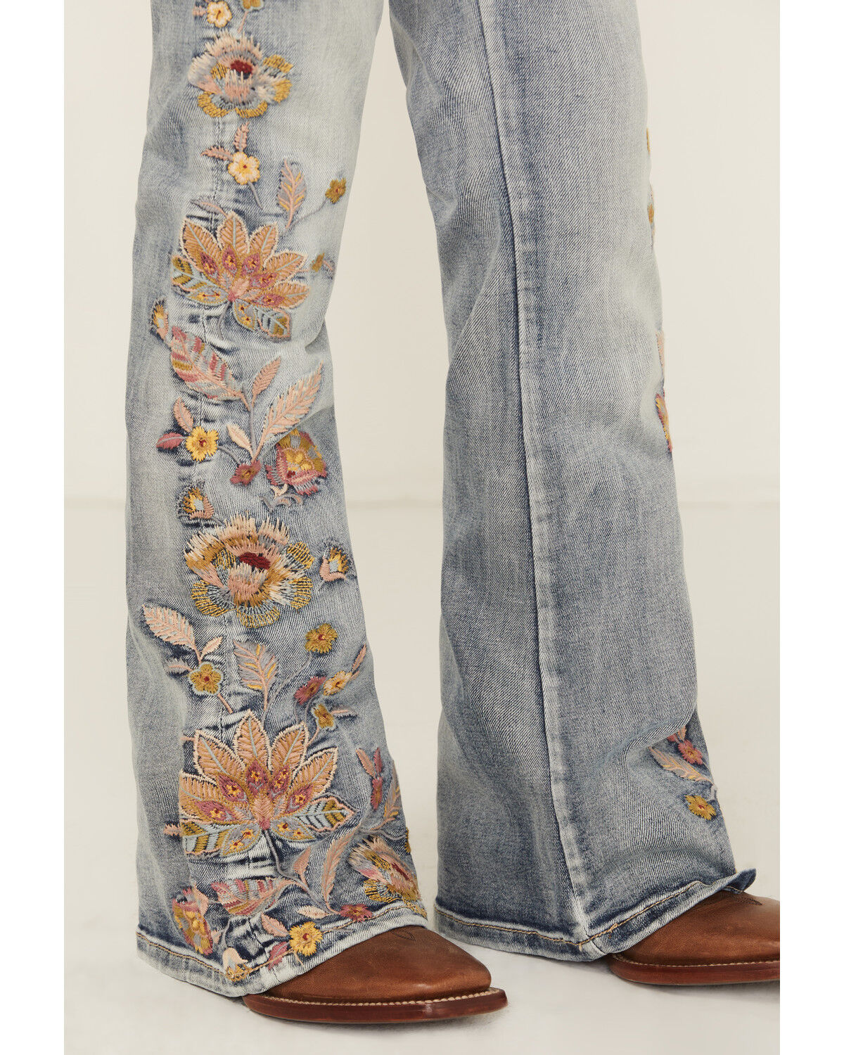 Image #2 - Grace in LA Girls' Light Wash Floral Embroidered Flare Denim Jeans, Medium Wash, hi-res