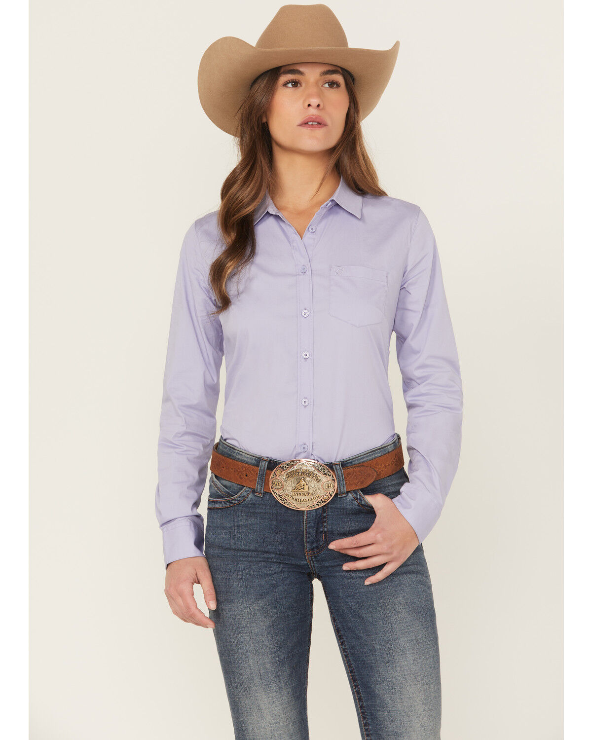 Image #1 - Ariat Women's Boot Barn Exclusive Solid Kirby Long Sleeve Button-Down Stretch Western Shirt, Lavender, hi-res