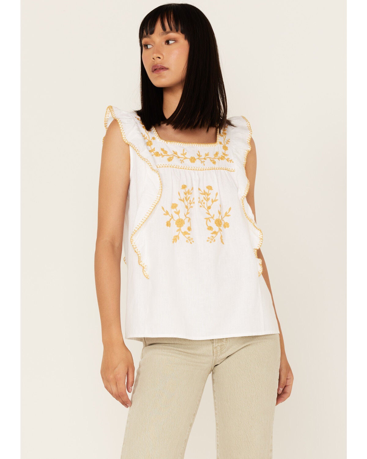 Cotton & Rye Women's Embroidered Ruffle Tank Top, White, hi-res