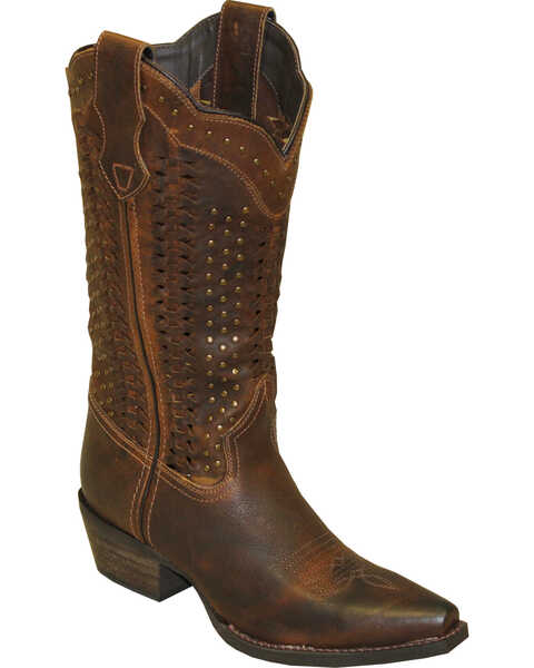 Rawhide by Abilene Scalloped and Weaving Western Boots - Snip Toe, Brown, hi-res