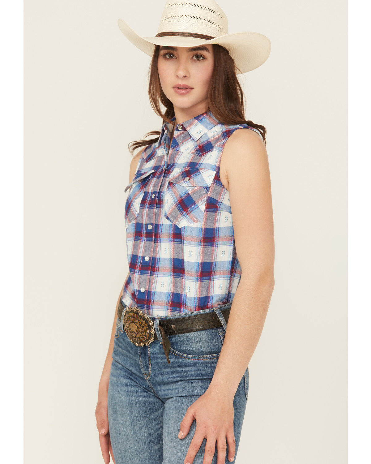 Image #2 - Shyanne Women's Dobby Plaid Print Sleeveless Snap Western Shirt, Indigo, hi-res
