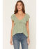 Image #1 - Wild Moss Women's Floral Print Hanky Hem Short Sleeve Top, Sage, hi-res