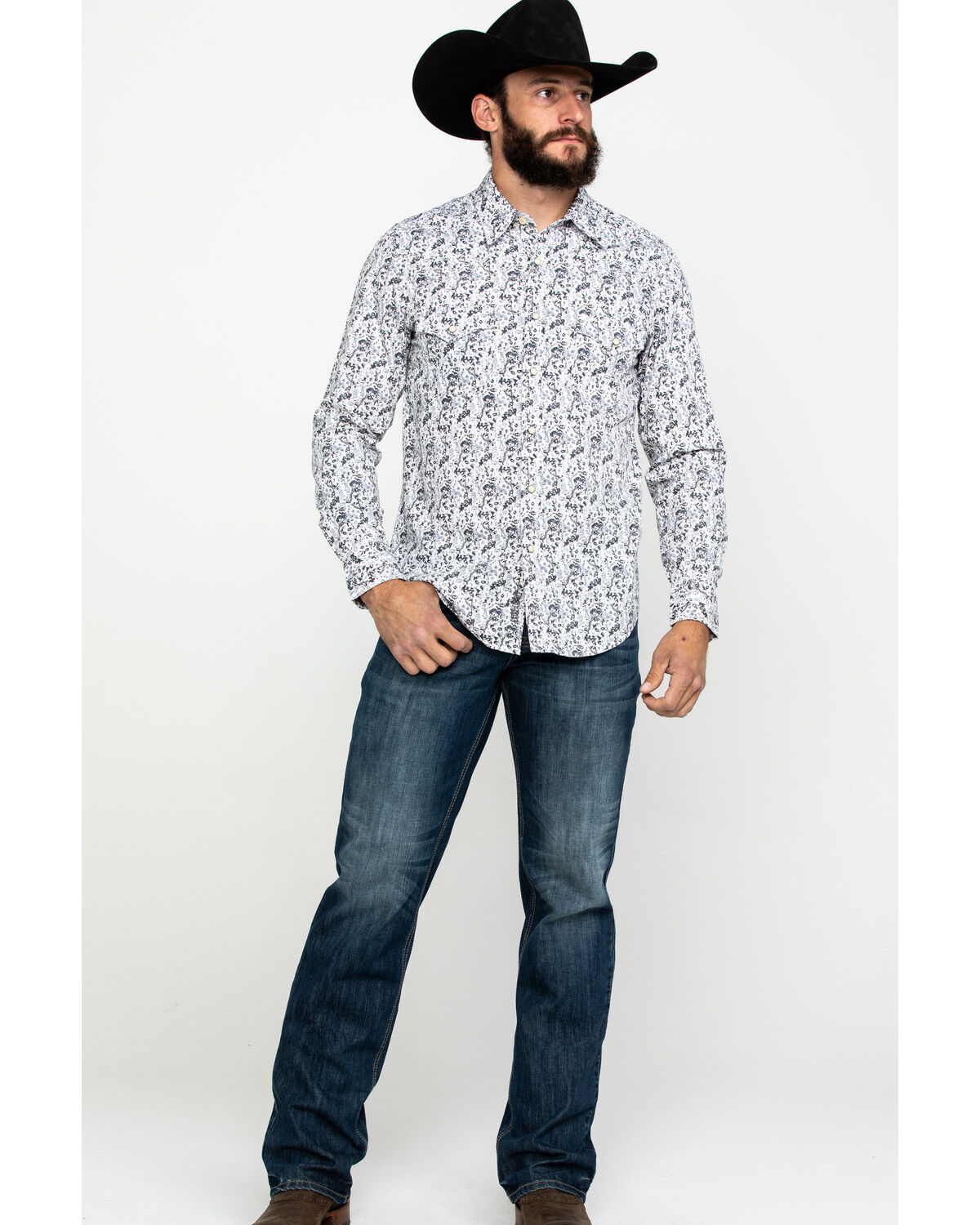 Image #6 - Rock & Roll Denim Men's Crinkle Washed Print Long Sleeve Western Shirt, White, hi-res
