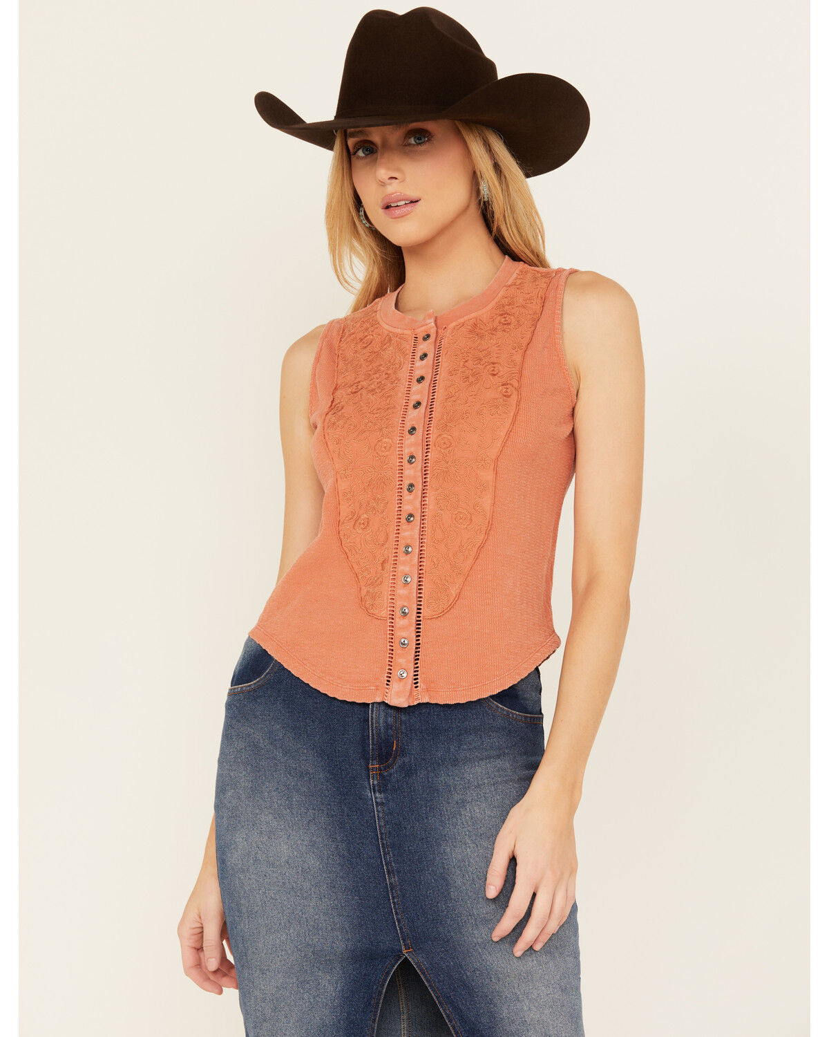 Image #1 - Rock & Roll Denim Women's Sleeveless Embroidered Tank Top, Rust Copper, hi-res