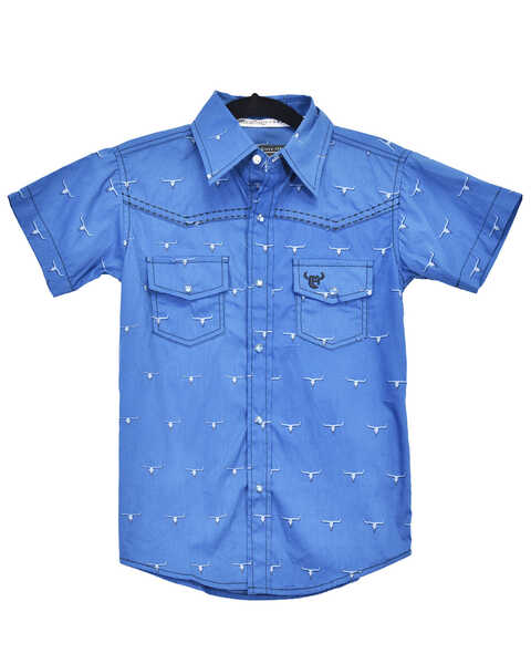 Cowboy Hardware Toddler Boys' Steerhead Print Short Sleeve Snap Western Shirt , Blue, hi-res