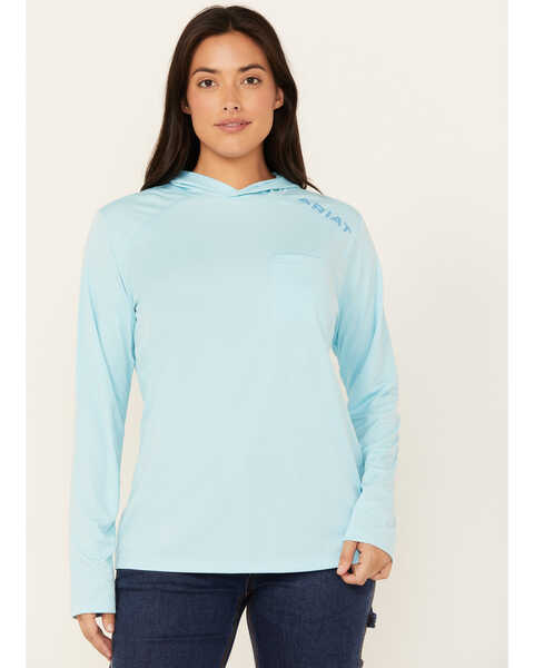 Image #1 - Ariat Women's Rebar Sunblocker Long Sleeve Hooded T-Shirt , Turquoise, hi-res