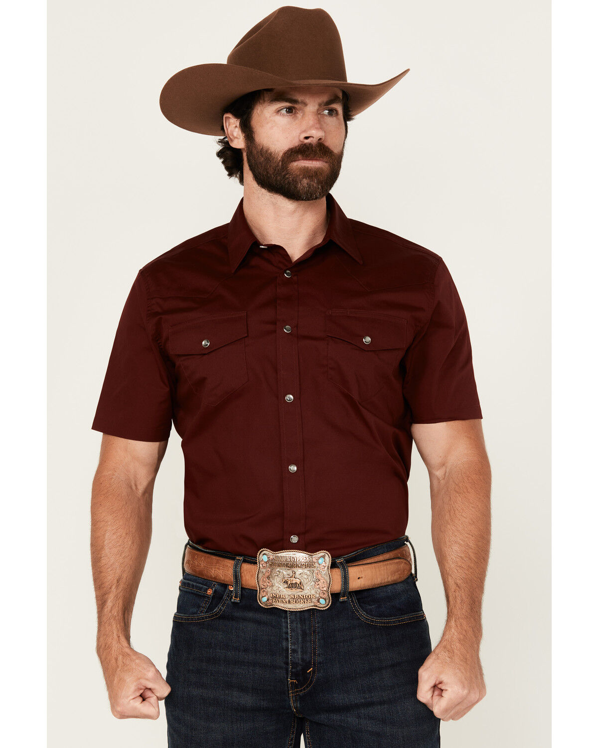 Image #1 - Gibson Trading Co Men's Solid Short Sleeve Snap Stretch Western Shirt, Burgundy, hi-res