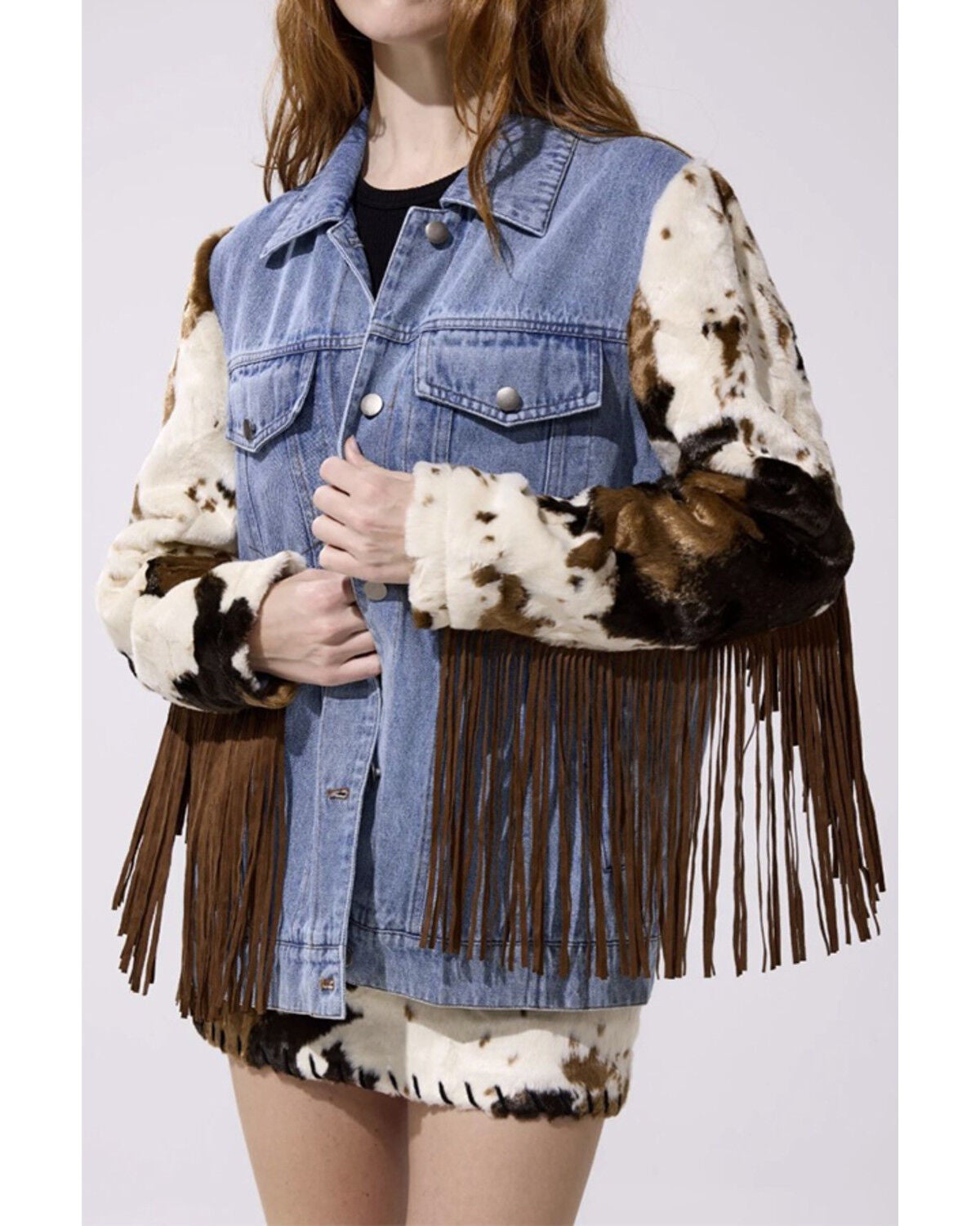 Azalea Wang Women's Cow Print Fringe Button-Down Denim Jacket, Multi, hi-res