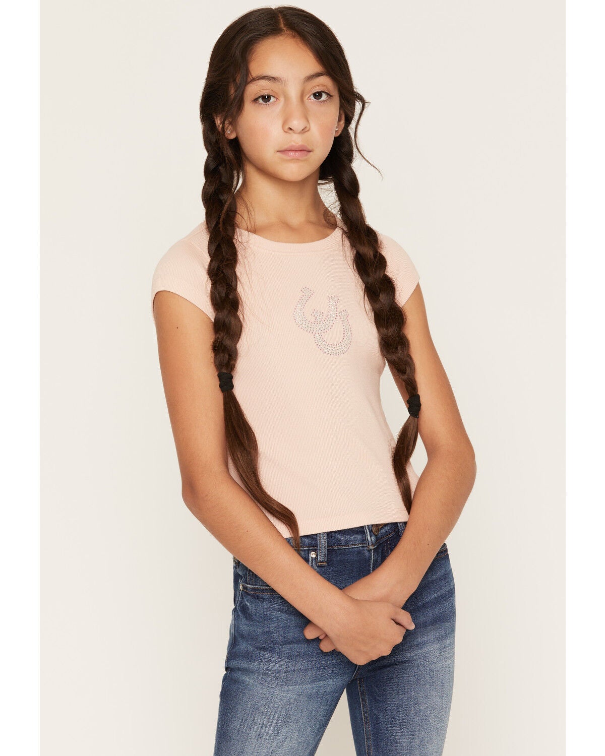 Image #1 - Shyanne Girls' Rhinestone Horseshoe Short Sleeve Tee, Blush, hi-res