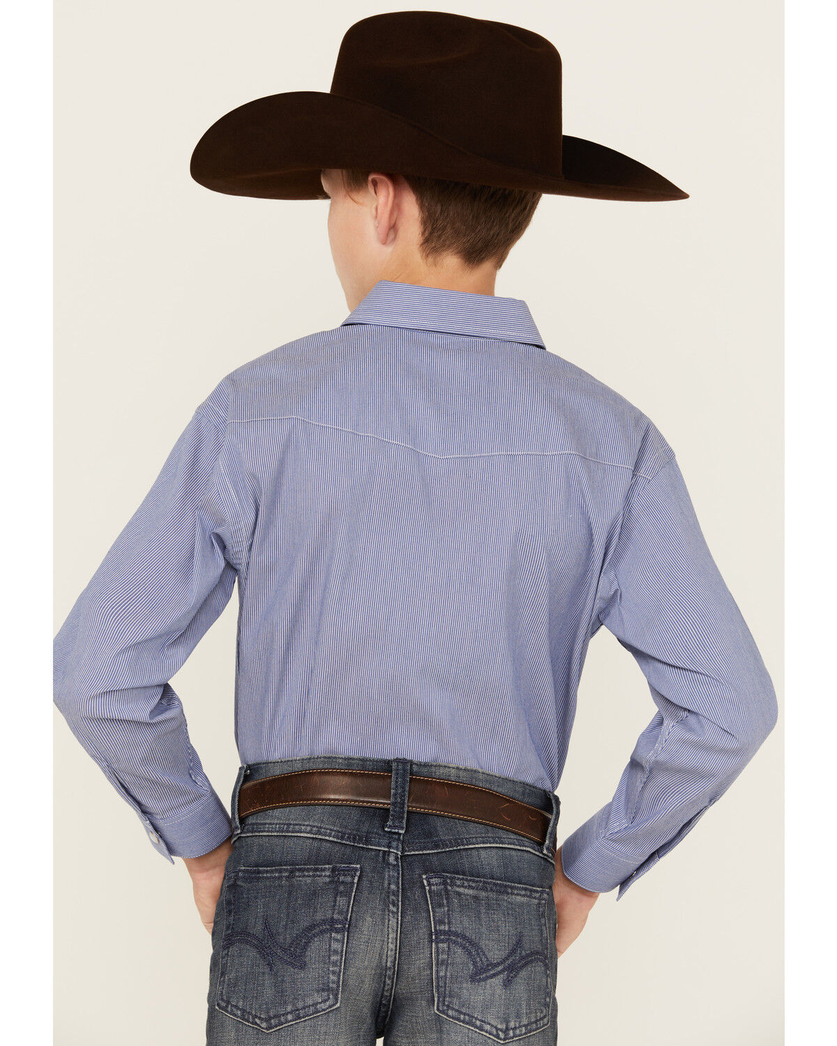 Image #4 - Rough Stock by Panhandle Boys' Striped Long Sleeve Pearl Snap Stretch Western Shirt, Blue, hi-res