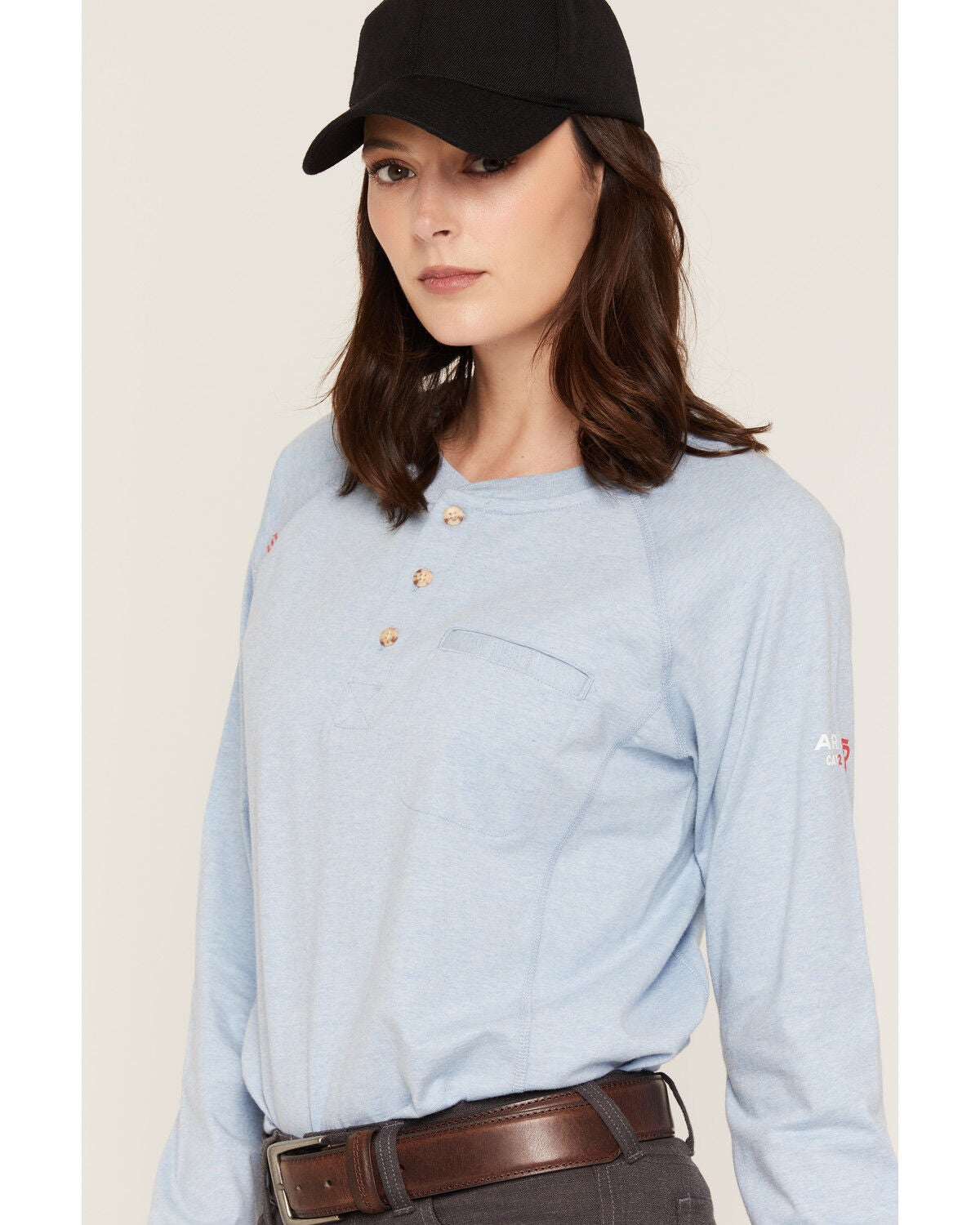 Image #2 - Ariat Women's FR Air Henley Long Sleeve 1/4 Button-Down Work Shirt, Heather Blue, hi-res
