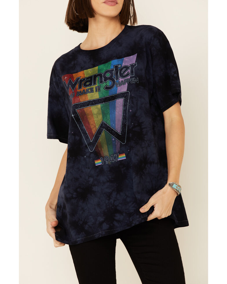 Wrangler Modern Women's Tie Dye Oversized Rainbow Logo Graphic Tee , Black, hi-res