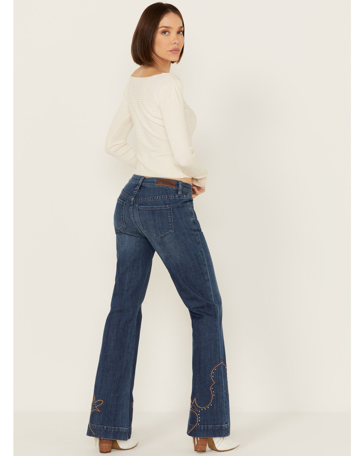 Image #3 - Rock & Roll Denim Women's Dark Wash Mid Rise Hem Stitched Trouser Stretch Denim Jeans, Dark Wash, hi-res