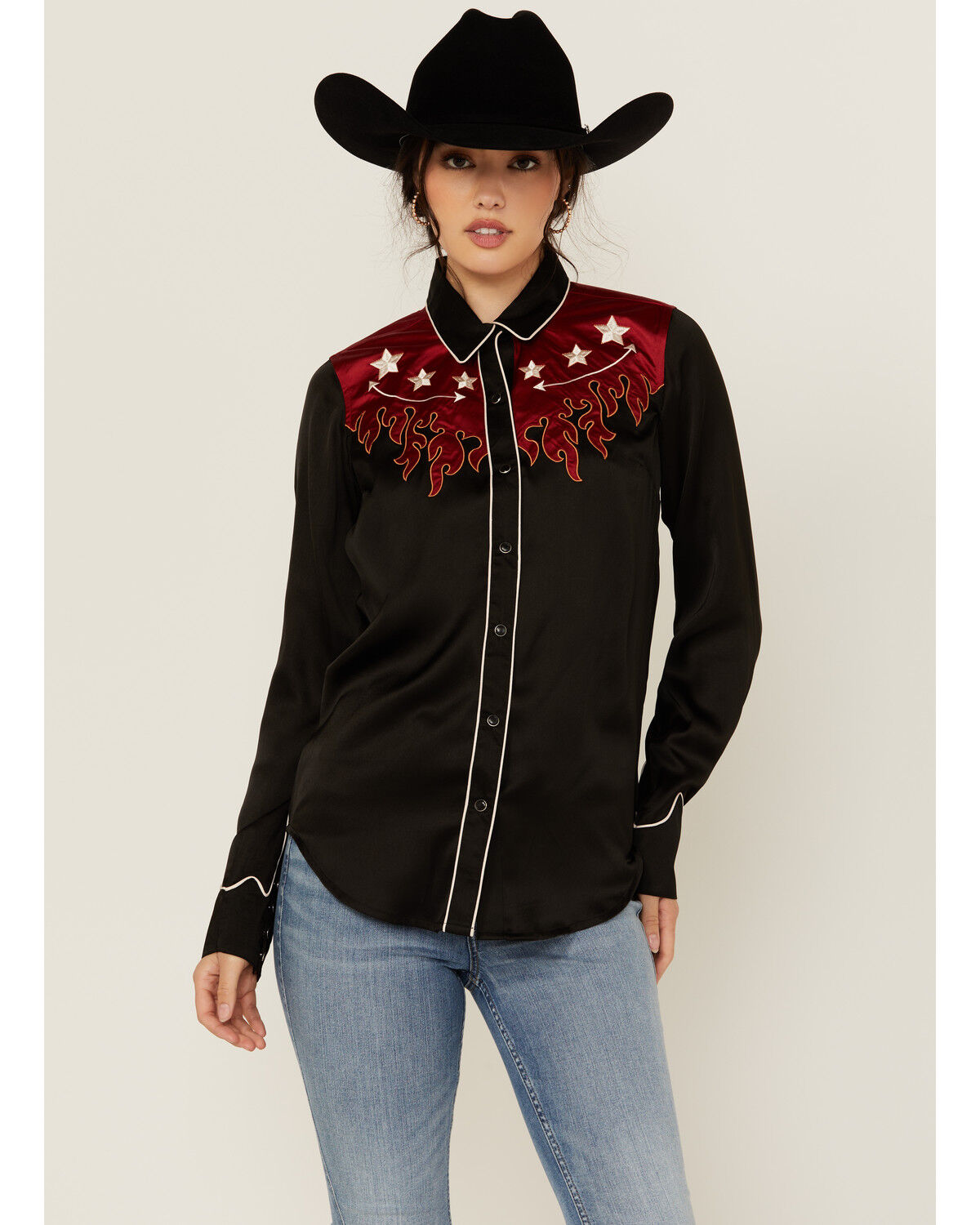 Image #1 - Rock & Roll Denim Women's Flames Long Sleeve Snap Western Shirt, Black, hi-res