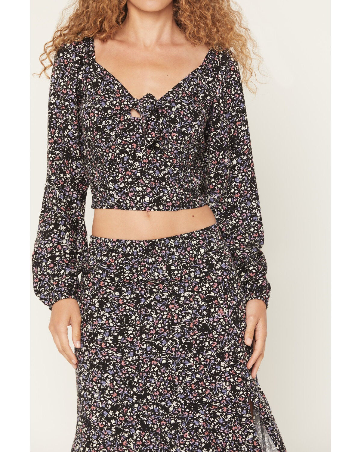 Image #3 - Idyllwind Women's Cory Ditsy Floral Print Long Sleeve Tie-Front Shirt, Black, hi-res